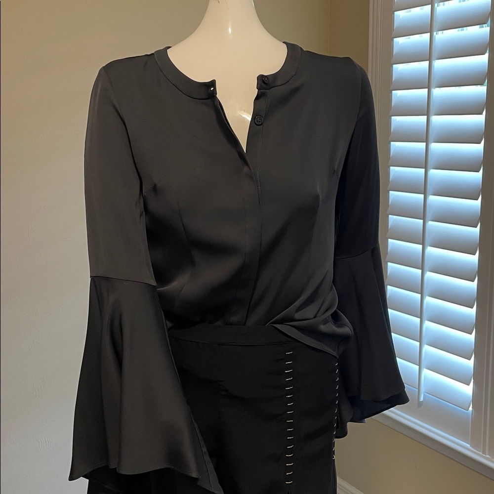 Milly Silk Button Down Shirt Crew Neck Asymmetrical Bell Sleeve Top Blouse NWT 2
